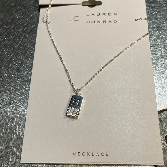 LC mini dog tag “H” silver tone cubic zirconia initial necklace, NWT - Picture 2 of 10